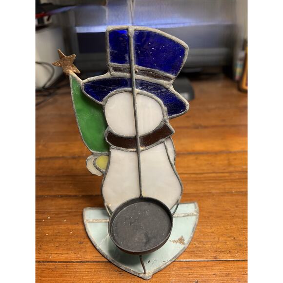 Snowman Tabletop Decor Set 5 Stained Glass Christmas Holder Candle - Picture 5 of 7